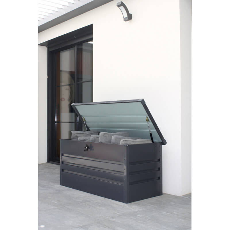 Coffre de rangement métal verrouillable gris anthracite pour jardin 350L  120x61x63 CM