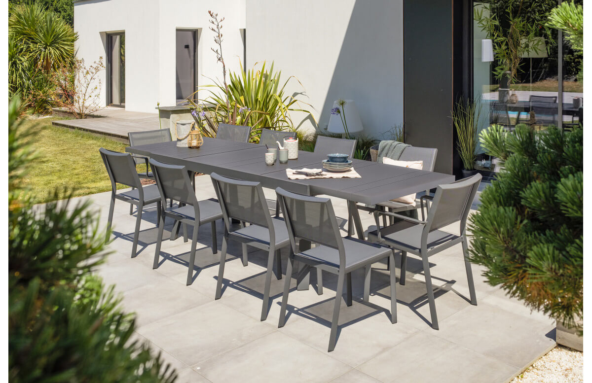 Salon de jardin table en aluminium et céramique et 10 assises bois