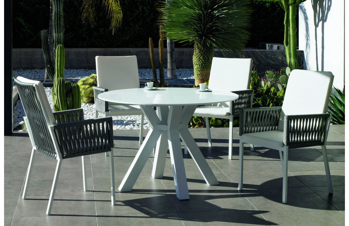 Table ronde salon de jardin 4 personnes en aluminium et Krion - Montblanc -  blanche - Hevea