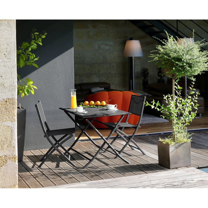 Pack table Sicile + 4 chaises pliantes Amalfi métal taupe et textilène - JPG