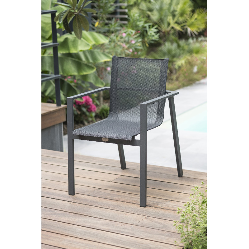 Table de jardin céramique effet bois 8 chaises + 2 fauteuils