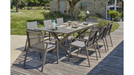 Lot composé d'une table de jardin FLORIDE-TB240-ALU-Q avec rallonge et de 8 fauteuils FLORIDE-FT-QUARTZ empilables
