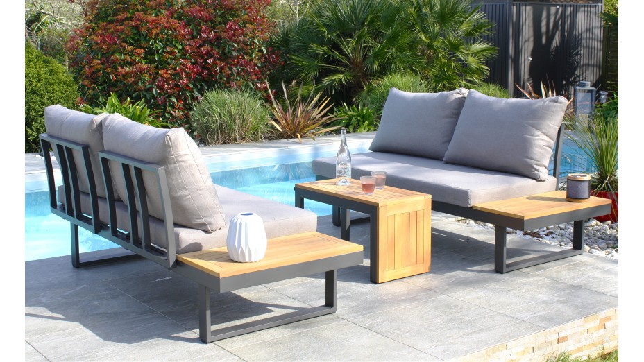 Salon de jardin modulable TOKYO 4 places en bois d'acacia et aluminium - GRIS ANTHRACITE