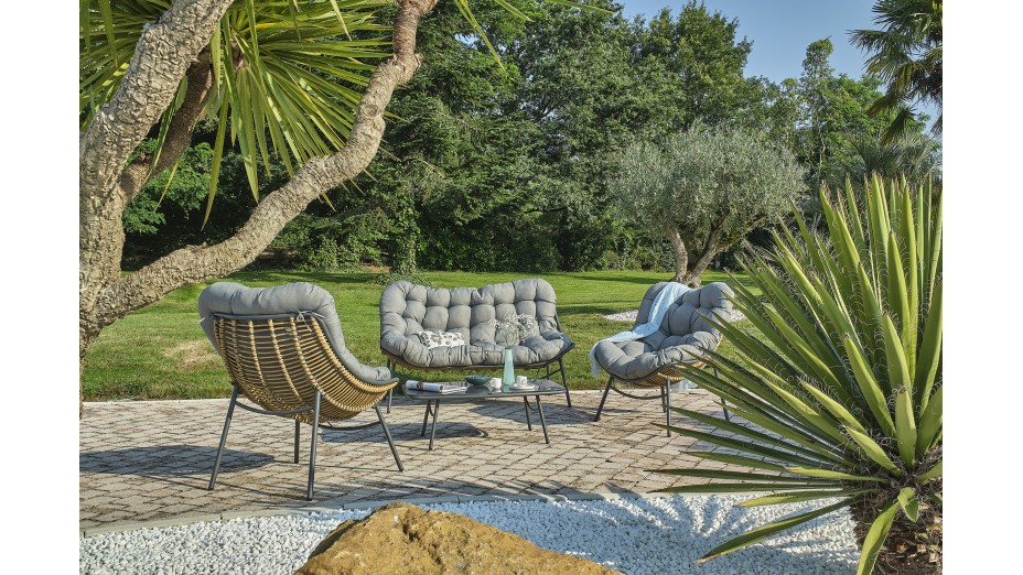 Salon bas de jardin TULUM 4 places en aluminium anthracite et résine tressée - MARRON
