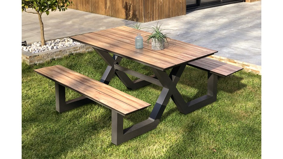 Table de jardin avec bancs VANCOUVER (150x164 cm) en aluminium et HPL effet bois - GRIS ANTHRACITE