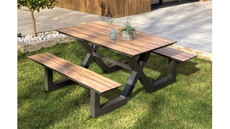 Table de jardin avec bancs VANCOUVER (150x164 cm) en aluminium et HPL effet bois - GRIS ANTHRACITE
