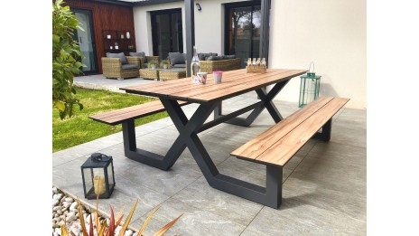 Table de jardin avec bancs VANCOUVER (210x174 cm) en aluminium et HPL effet bois - GRIS ANTHRACITE
