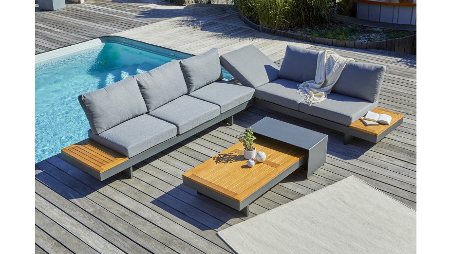 Salon de jardin d'angle VANUATU 6 places en bois d'acacia et aluminium - GRIS ANTHRACITE
