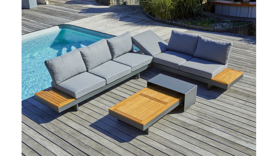 Salon de jardin d'angle VANUATU 6 places en bois d'acacia et aluminium - GRIS ANTHRACITE