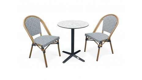 Lot composé d'une table de jardin BISTRO-TB60-HPL-MB et de 2 fauteuils BISTRO-FT-TEX-BLEU empilables