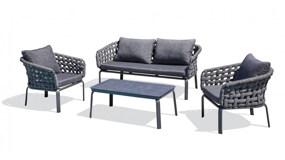 Salon bas de jardin CAMARGUE 4 places en corde tissée et aluminium - GRIS ANTHRACITE