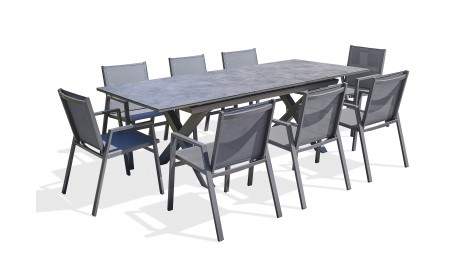 Lot composé d'une table de jardin FLORIDE-TB240-CER-AN avec rallonge et de 8 fauteuils FLORIDE-FT-GRISANTH empilables