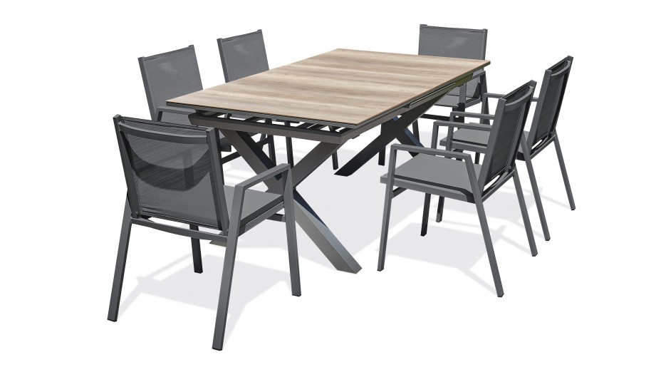Lot composé d'une table de jardin FLORIDE-TB240-HPL-AW avec rallonge et de 6 fauteuils FLORIDE-FT-GRISANTH empilables
