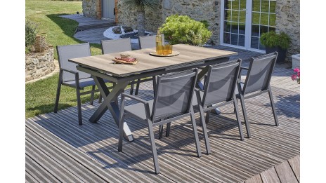Lot composé d'une table de jardin FLORIDE-TB240-HPL-AW avec rallonge et de 6 fauteuils FLORIDE-FT-GRISANTH empilables
