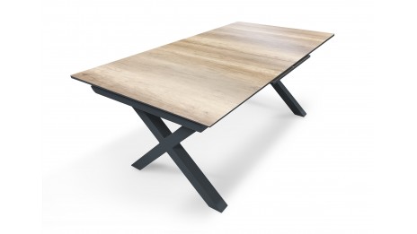 Table de jardin FLORIDE (180/240x100 cm) en aluminium et plateau HPL imitation bois avec rallonge automatique - GRIS ANTHRACITE