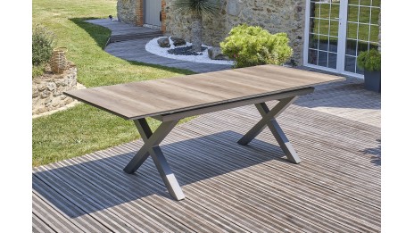 Table de jardin FLORIDE (180/240x100 cm) en aluminium et plateau HPL imitation bois avec rallonge automatique - GRIS ANTHRACITE