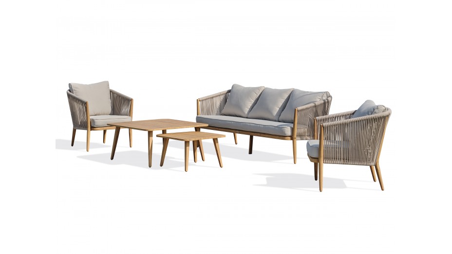 Salon bas de jardin IBARRA 5 places en aluminium imitation bois et corde tissée - ECRU