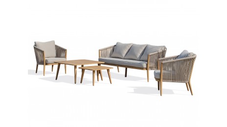 Salon bas de jardin IBARRA 5 places en aluminium imitation bois et corde tissée - ECRU