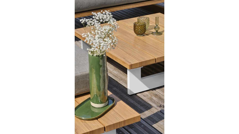 Salon de jardin LAVEZZI 5 places en aluminium et plateau imitation bois - BLANC
