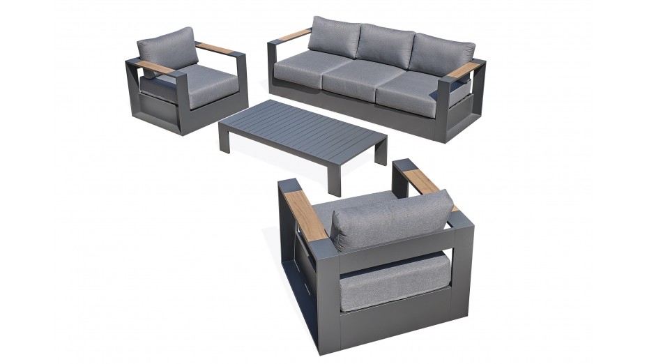 Salon de jardin MANDELIEU 5 places en aluminium et accoudoirs en HPL - GRIS ANTHRACITE