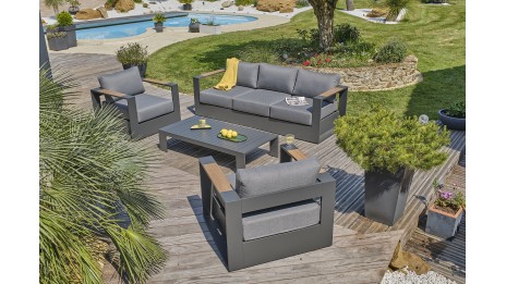 Salon de jardin MANDELIEU 5 places en aluminium et accoudoirs en HPL - GRIS ANTHRACITE