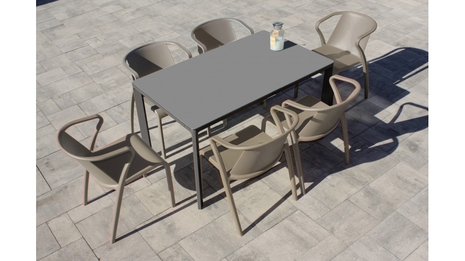 Lot composé d'une table de jardin MEET-TB160G-GRISANTH et de 6 fauteuils FADO-FT-TAUPE empilables