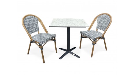 Lot composé d'une table de jardin BISTRO-TB70-HPL-MB et de 2 fauteuils BISTRO-FT-TEX-BLEU empilables