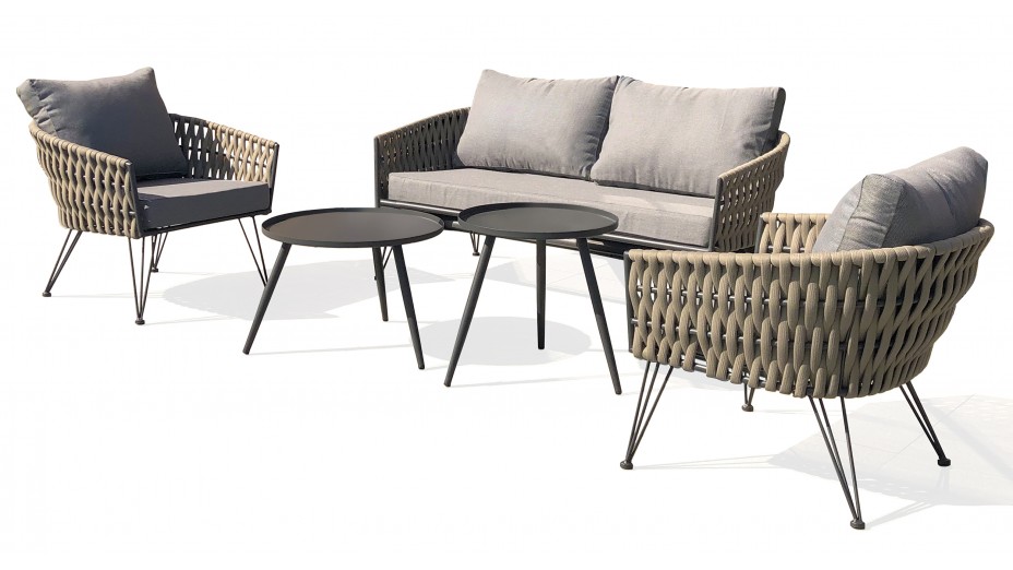 Salon bas de jardin CAPRI 4 places en corde tissée taupe et acier - GRIS ANTHRACITE