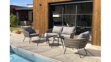 Salon bas de jardin CAPRI 4 places en corde tissée taupe et acier - GRIS ANTHRACITE