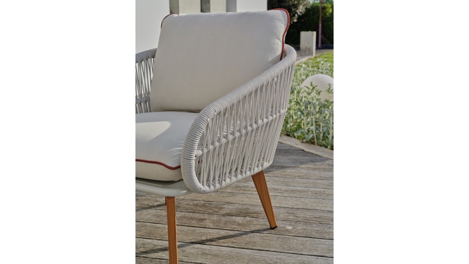 Salon bas de jardin CUZCO 5 places en aluminium imitation bois et corde tissée - BLANC