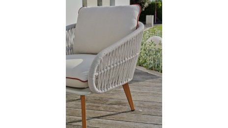 Salon bas de jardin CUZCO 5 places en aluminium imitation bois et corde tissée - BLANC