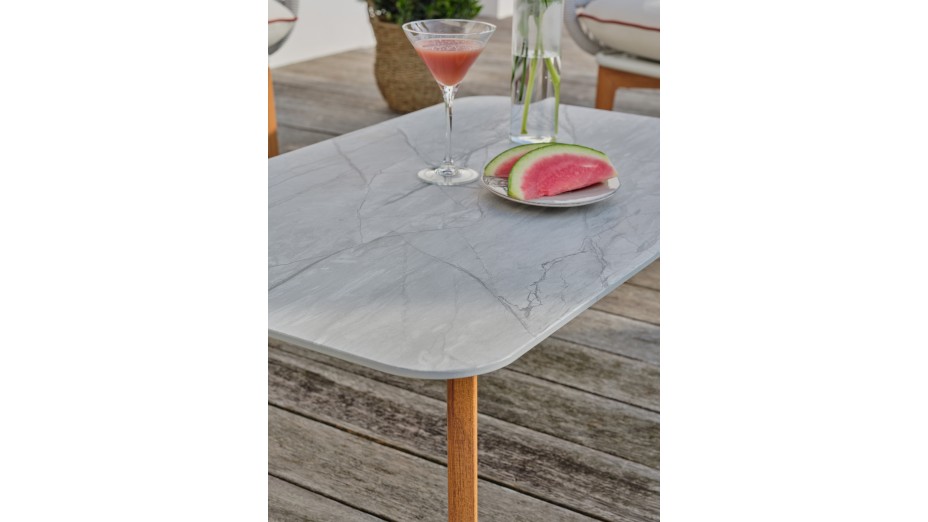 Salon bas de jardin CUZCO 5 places en aluminium imitation bois et corde tissée - BLANC