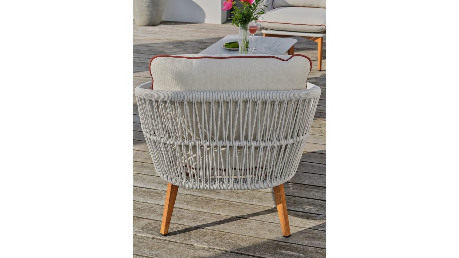 Salon bas de jardin CUZCO 5 places en aluminium imitation bois et corde tissée - BLANC