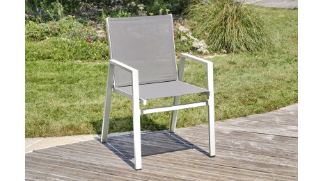 Fauteuil de jardin empilable FLORIDE en textilène taupe et aluminium - BLANC