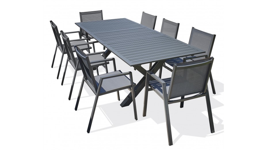 Lot composé d'une table de jardin FLORIDE-TB240-ALU-AN avec rallonge et de 8 fauteuils FLORIDE-FT-GRISANTH empilables
