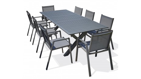 Lot composé d'une table de jardin FLORIDE-TB240-ALU-AN avec rallonge et de 8 fauteuils FLORIDE-FT-GRISANTH empilables