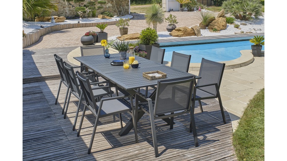 Lot composé d'une table de jardin FLORIDE-TB240-ALU-AN avec rallonge et de 8 fauteuils FLORIDE-FT-GRISANTH empilables