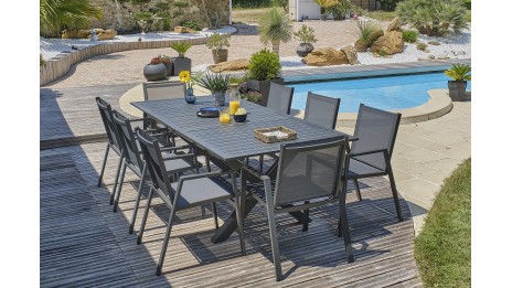 Lot composé d'une table de jardin FLORIDE-TB240-ALU-AN avec rallonge et de 8 fauteuils FLORIDE-FT-GRISANTH empilables