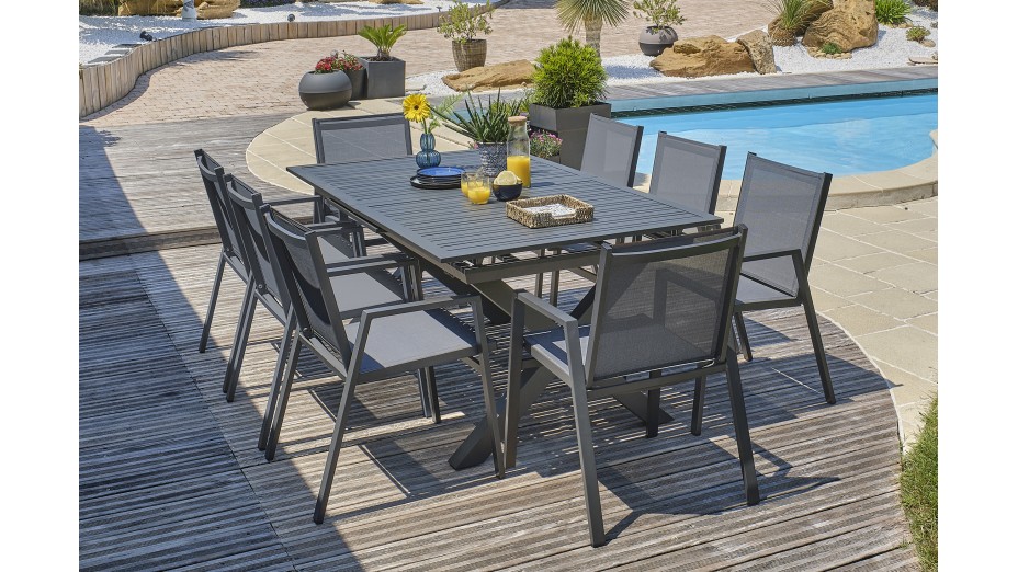 Lot composé d'une table de jardin FLORIDE-TB240-ALU-AN avec rallonge et de 8 fauteuils FLORIDE-FT-GRISANTH empilables