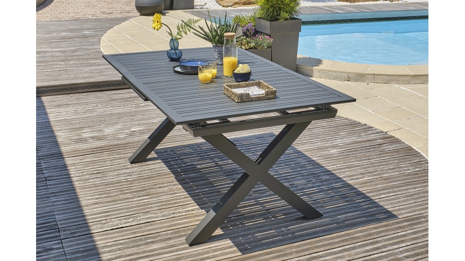 Lot composé d'une table de jardin FLORIDE-TB240-ALU-AN avec rallonge et de 8 fauteuils FLORIDE-FT-GRISANTH empilables