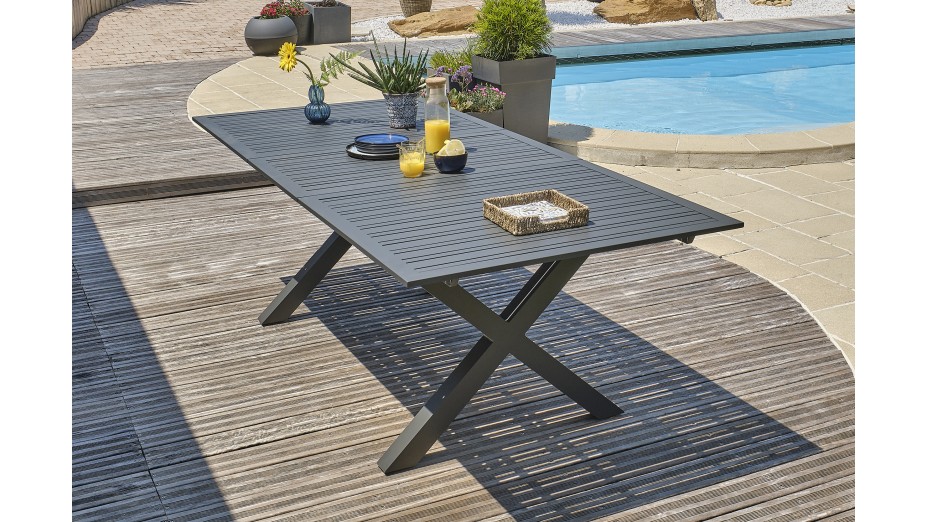 Table de jardin FLORIDE (180/240x100 cm) en aluminium avec rallonge automatique - GRIS ANTHRACITE