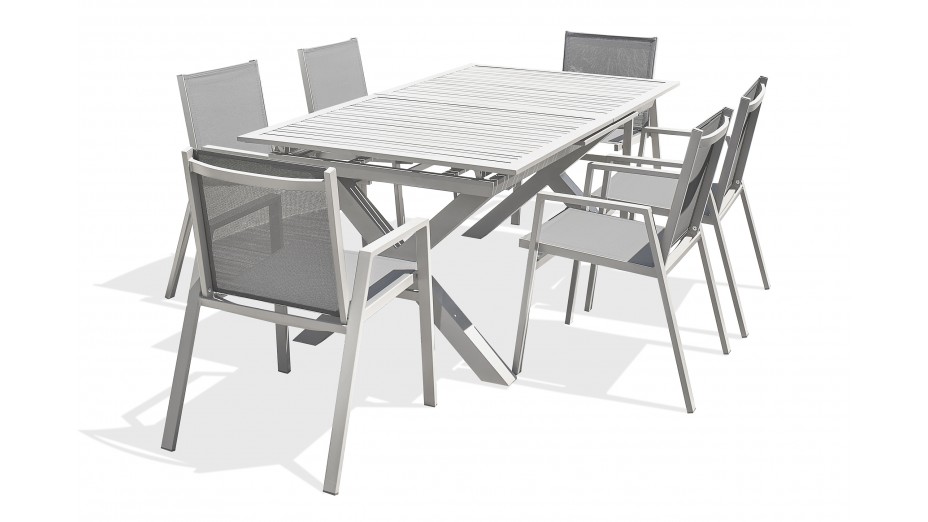 Lot composé d'une table de jardin FLORIDE-TB240-ALU-B avec rallonge et de 6 fauteuils FLORIDE-FT-BLANC empilables