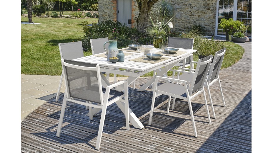 Lot composé d'une table de jardin FLORIDE-TB240-ALU-B avec rallonge et de 6 fauteuils FLORIDE-FT-BLANC empilables