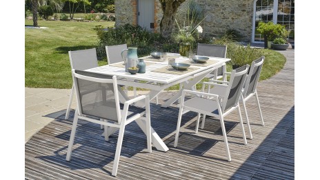 Lot composé d'une table de jardin FLORIDE-TB240-ALU-B avec rallonge et de 6 fauteuils FLORIDE-FT-BLANC empilables