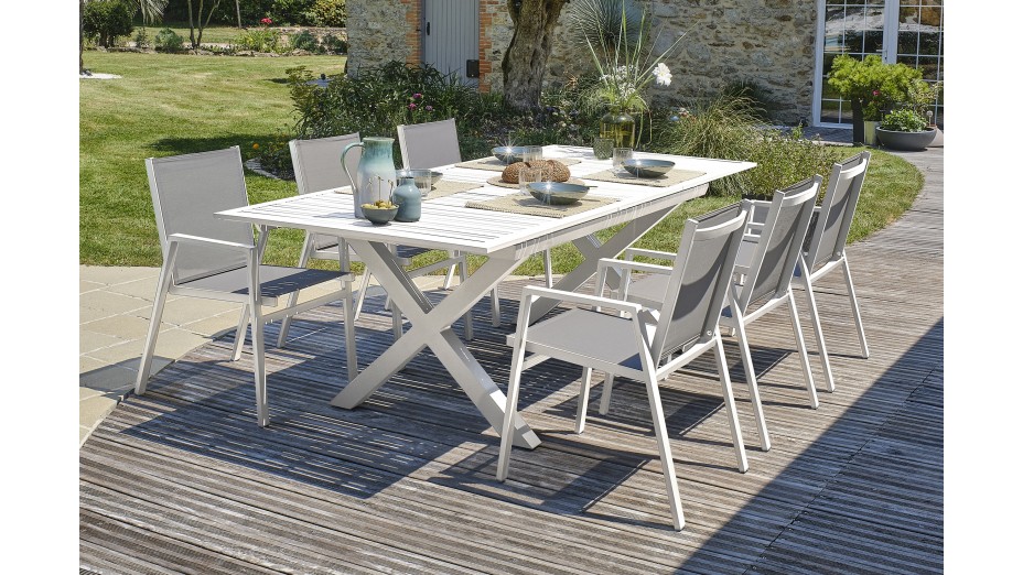 Lot composé d'une table de jardin FLORIDE-TB240-ALU-B avec rallonge et de 6 fauteuils FLORIDE-FT-BLANC empilables