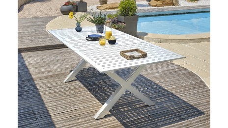 Lot composé d'une table de jardin FLORIDE-TB240-ALU-B avec rallonge et de 6 fauteuils FLORIDE-FT-BLANC empilables