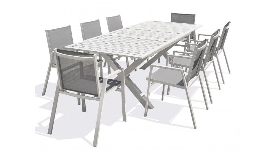 Lot composé d'une table de jardin FLORIDE-TB240-ALU-B avec rallonge et de 8 fauteuils FLORIDE-FT-BLANC empilables