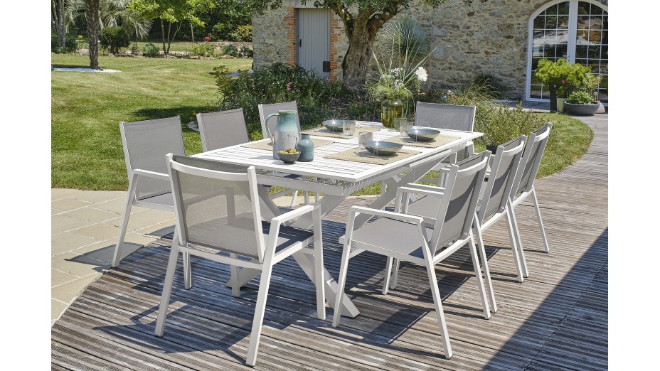 Lot composé d'une table de jardin FLORIDE-TB240-ALU-B avec rallonge et de 8 fauteuils FLORIDE-FT-BLANC empilables
