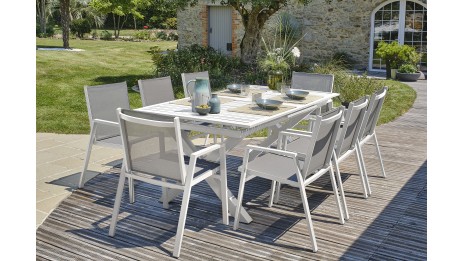 Lot composé d'une table de jardin FLORIDE-TB240-ALU-B avec rallonge et de 8 fauteuils FLORIDE-FT-BLANC empilables