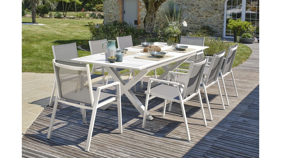 Lot composé d'une table de jardin FLORIDE-TB240-ALU-B avec rallonge et de 8 fauteuils FLORIDE-FT-BLANC empilables